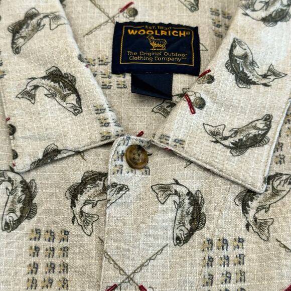 Woolrich Fishing Short Sleeve Shirt L Bass Fish Rod Print Button Up Cotton - Picture 6 of 8
